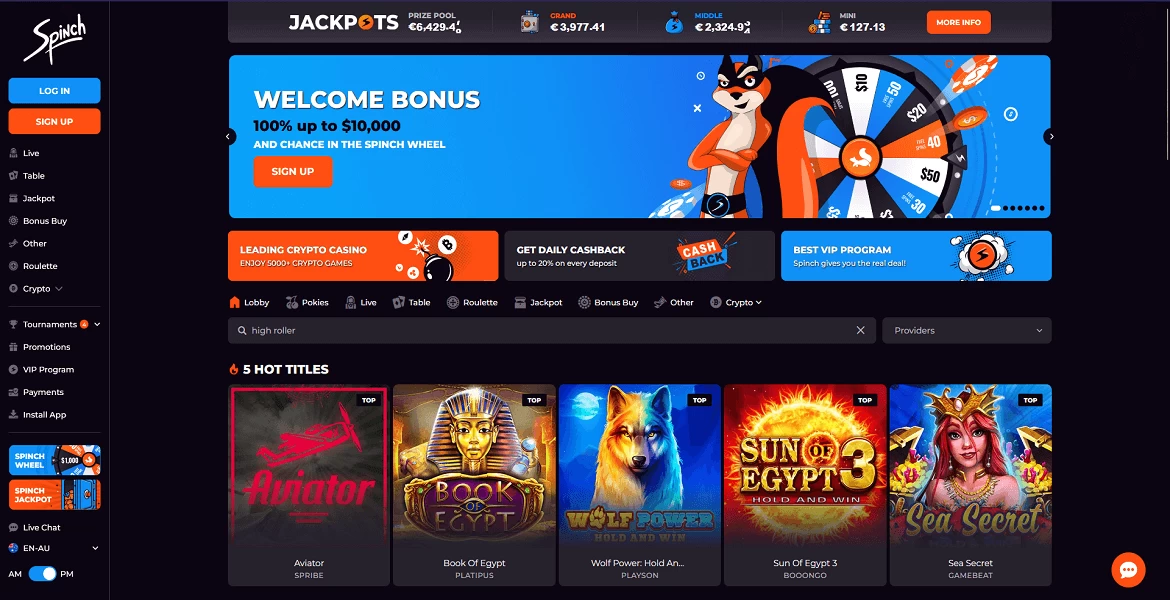 spinch casino main page
